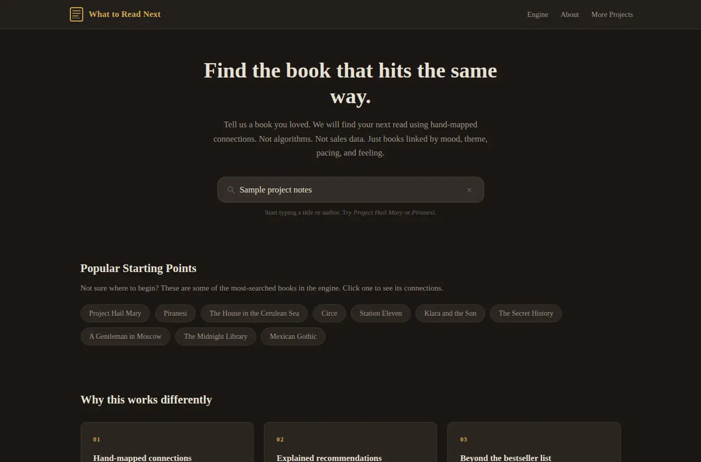 Screenshot of What to Read Next Engine interface showing the project page in use